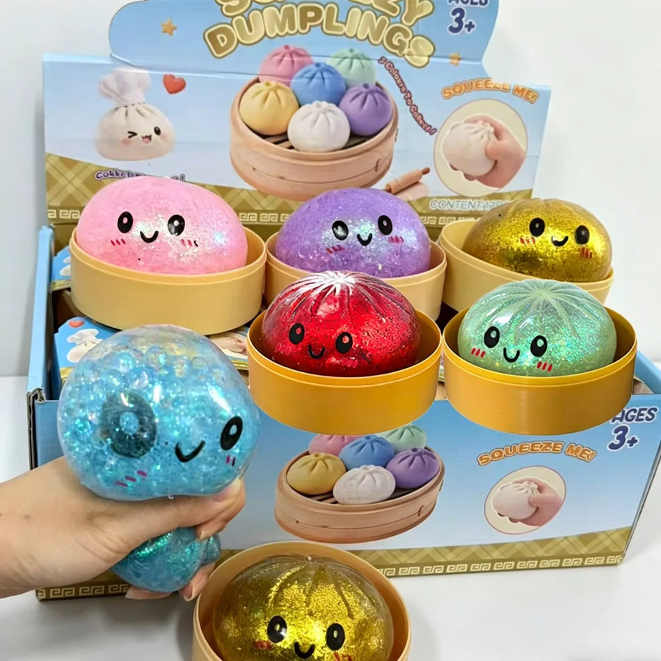 Dumpling Squishy con Glitter en Caja | Juguete Sensorial Antiestrés | Pack de 1 a 12 Piezas