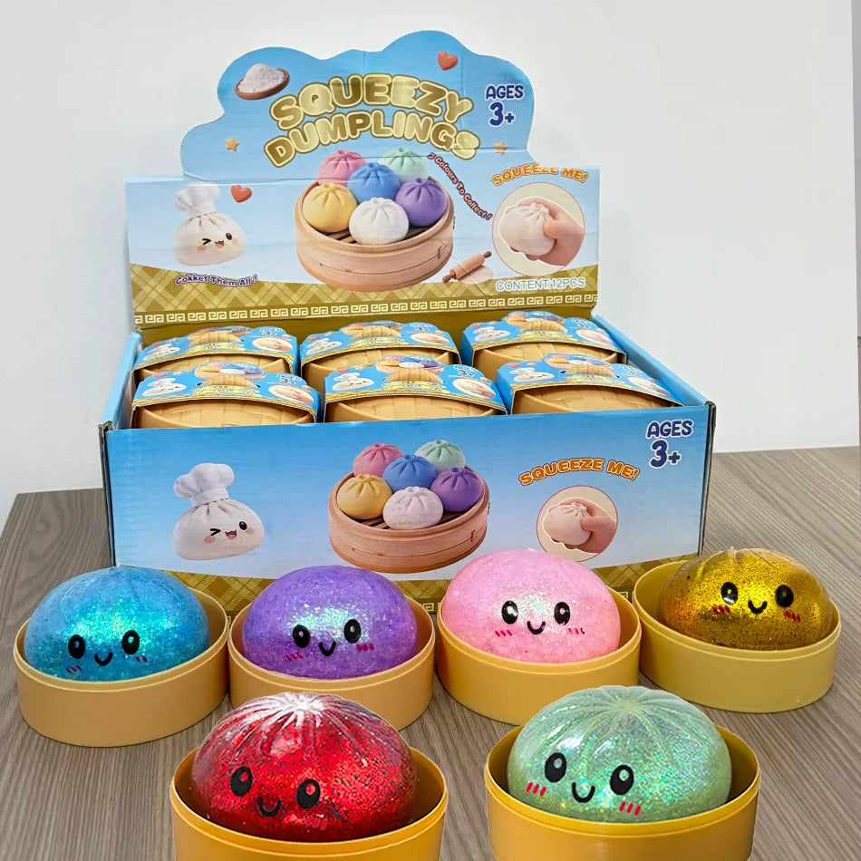 Dumpling Squishy con Glitter en Caja | Juguete Sensorial Antiestrés | Pack de 1 a 12 Piezas